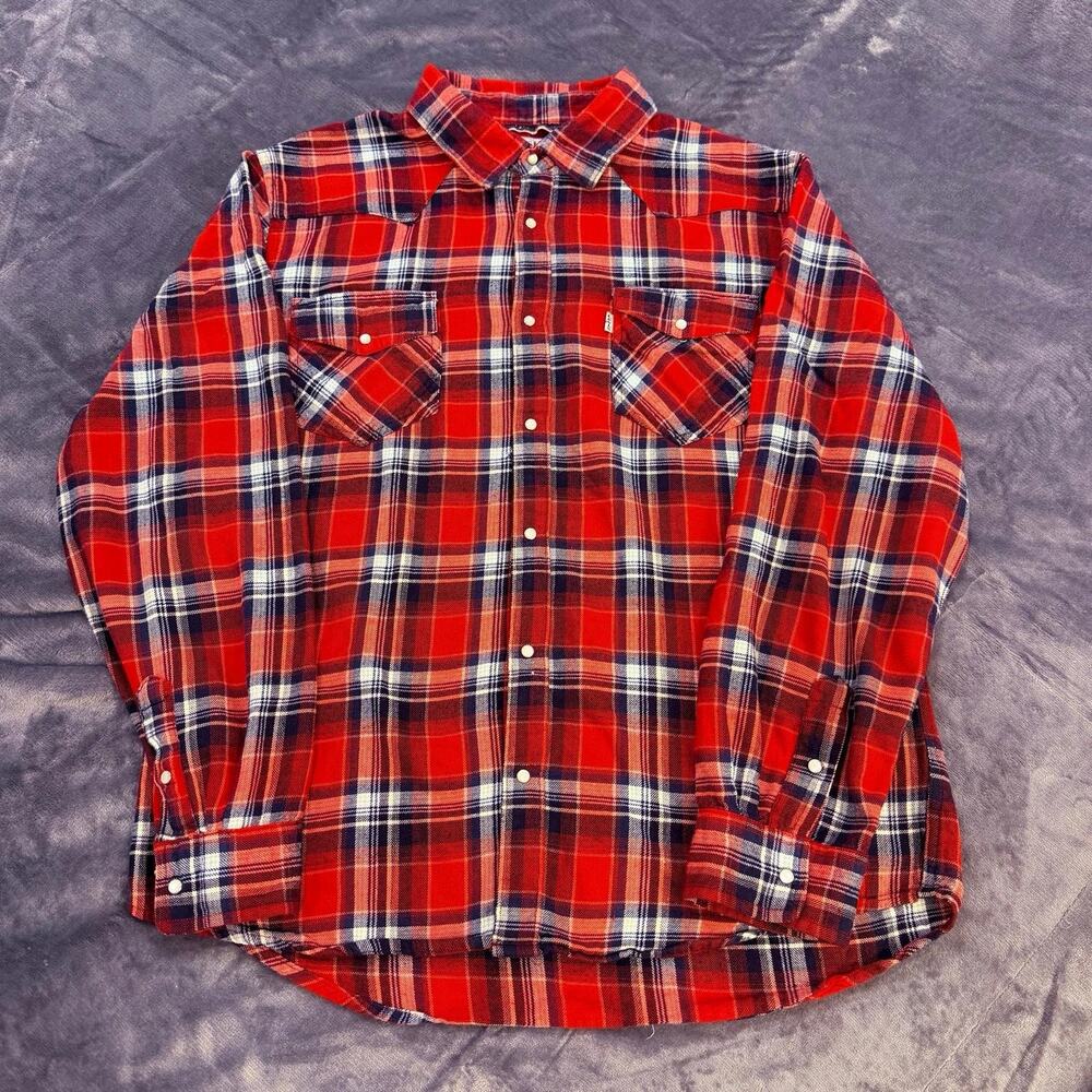 Levi's Youth 18 Shirt Sz XL Pearl Snap Button Red Plaid Western Long Sleeve